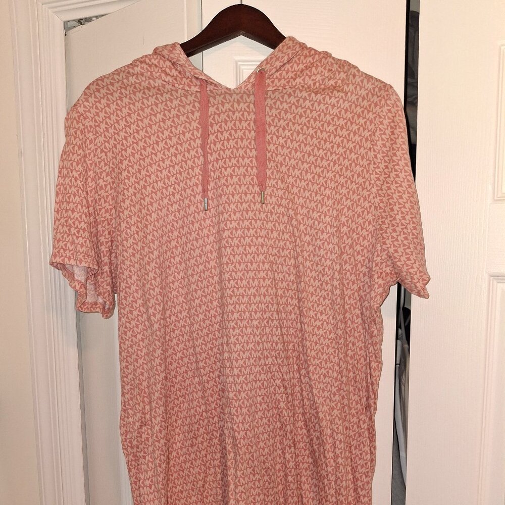 Michael Kors short sleeves hooded dress/pink & beige monogram print